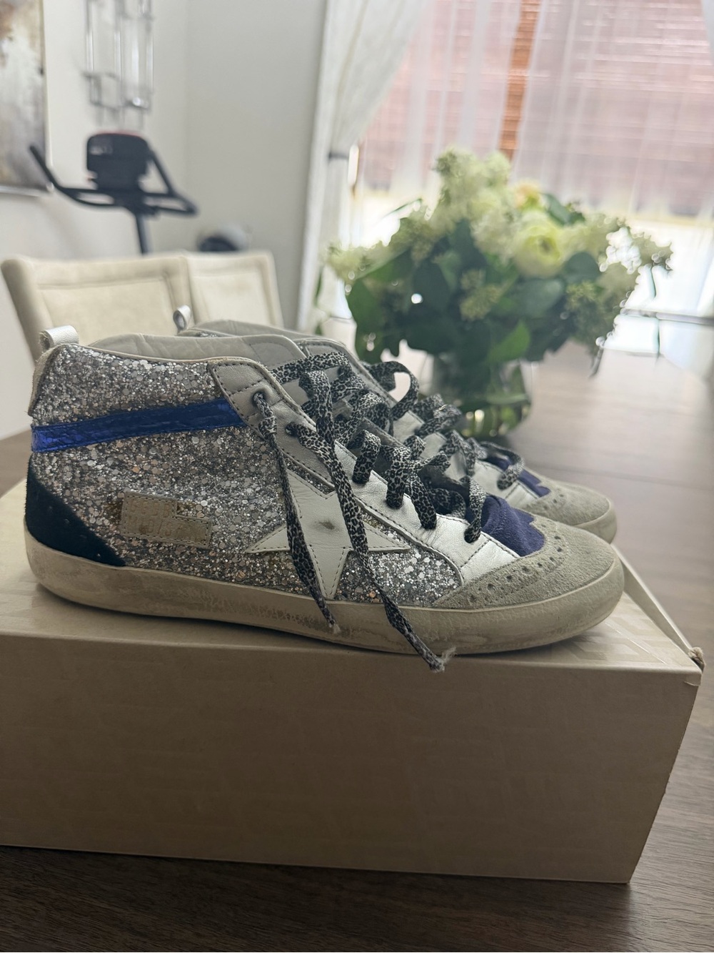 Golden Goose Silver Glitter High-Top Sneakers with Blue Accent